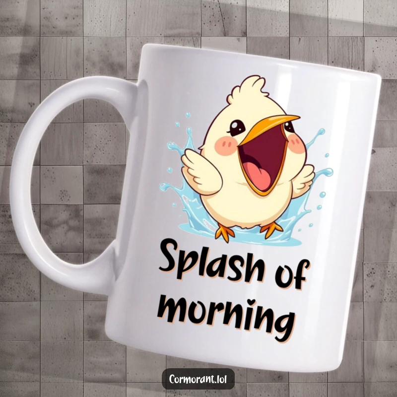 Funny mug depicting a cute bird with its beak wide open, mid-splash, exuding pure, cheerful energy.