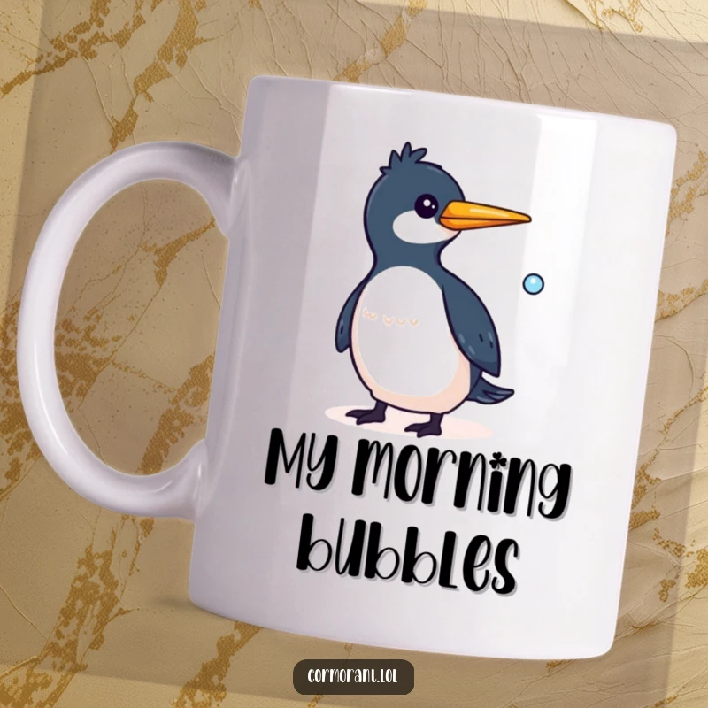 Funny Cormorant Mug featuring a whimsical bird with a small bubble trailing behind it, adding a touch of playful magic.
