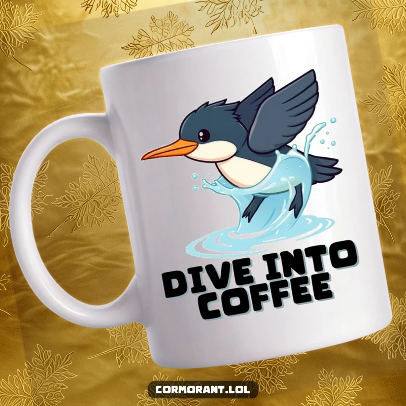 Funny Cormorant Mug: A kawaii cormorant dives gracefully into sparkling blue water with a dramatic, splashy pose.