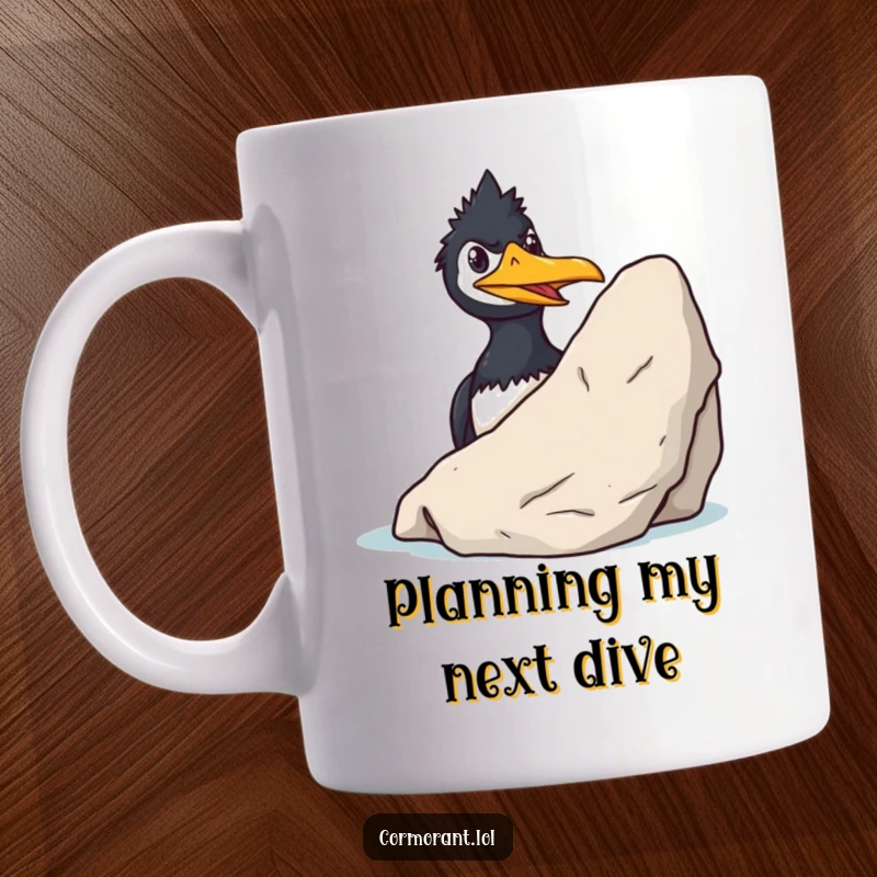 Funny Cormorant Mug: A sly cormorant grins mischievously while peeking from behind a large rock, perfect for a witty coffee moment.