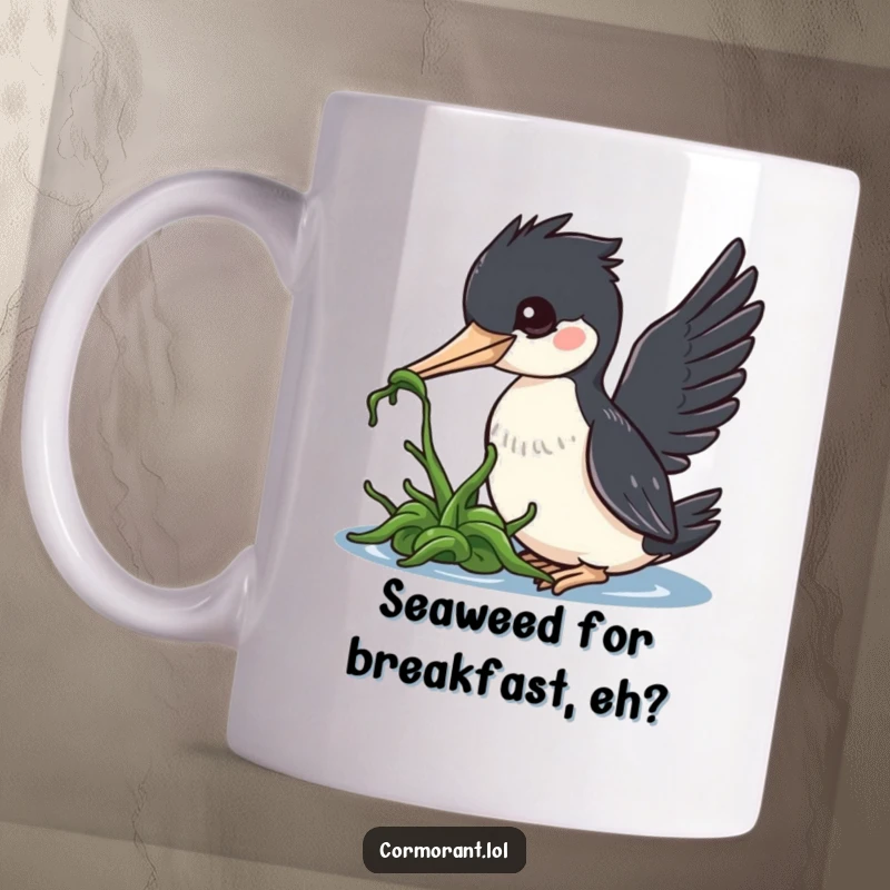 Funny cormorant mug, a kawaii bird gently nudging seaweed with its beak, showcasing playful curiosity and a love for the ocean.