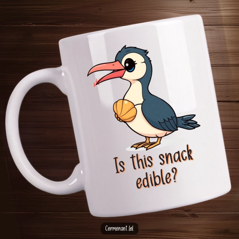 Funny Cormorant Mug: A curious cormorant bird inspects a vibrant seashell with wide-eyed fascination, a truly amusing sight.
