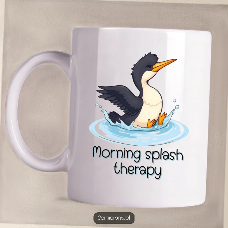 Funny Cormorant Mug: A cormorant gleefully splashes in a small pool of water, creating ripples of joy.