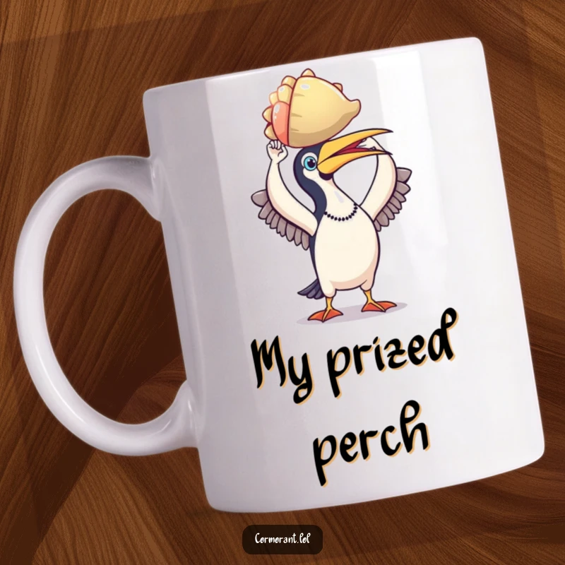 Funny cormorant mug, proud bird holding shiny colorful shell aloft, depicting triumph and collector's joy, ocean beach theme.