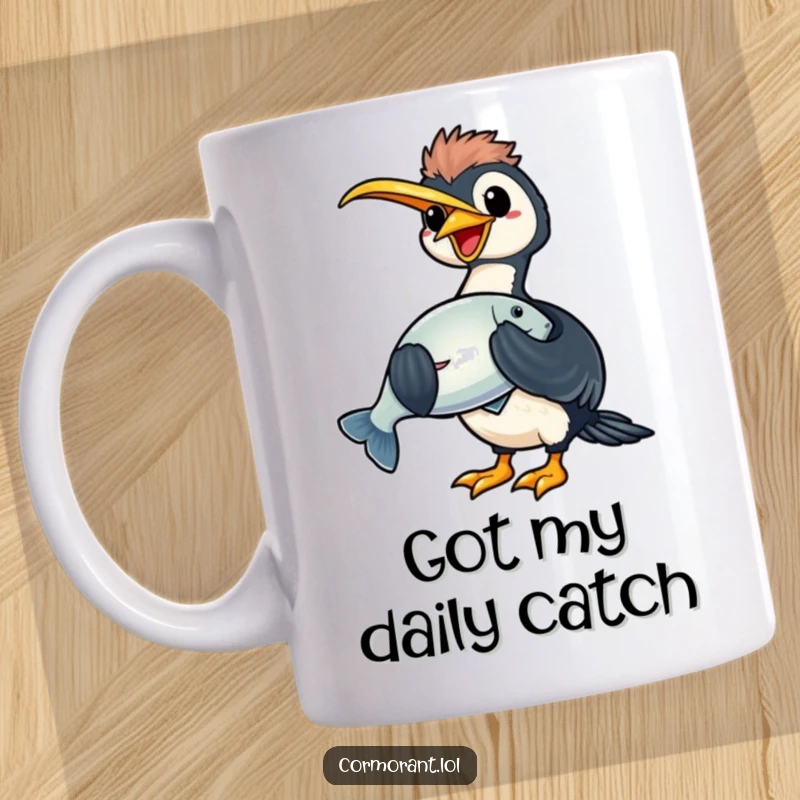 Funny kawaii cormorant mug with a joyful bird proudly holding a large, shiny fish in its beak, celebrating fishing success.