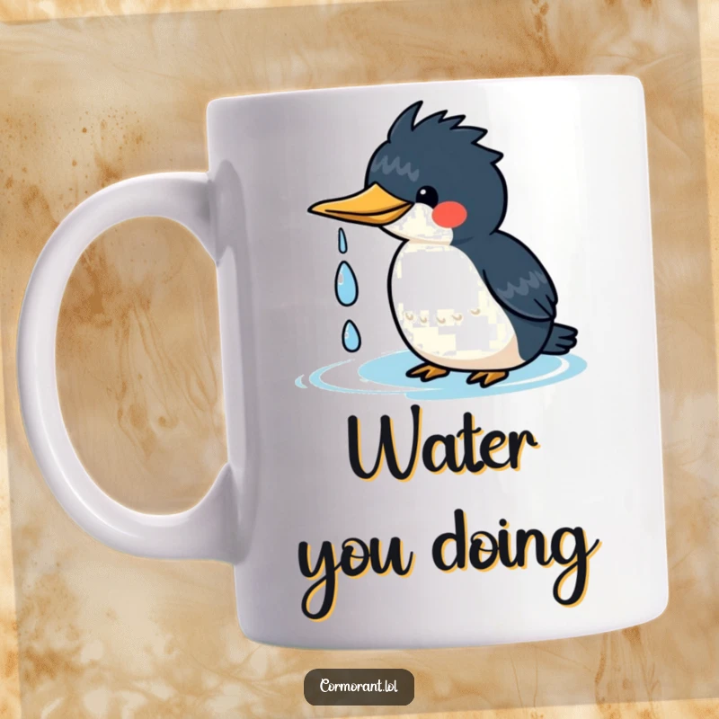 Funny kawaii cormorant mug showing a happy bird shaking water droplets off its head with a cute, joyful expression.