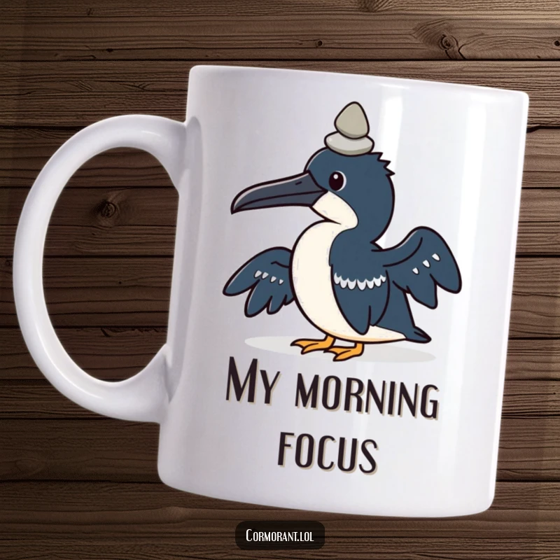 Funny mug featuring a kawaii cormorant bird concentrating hard while balancing a small pebble on its head.