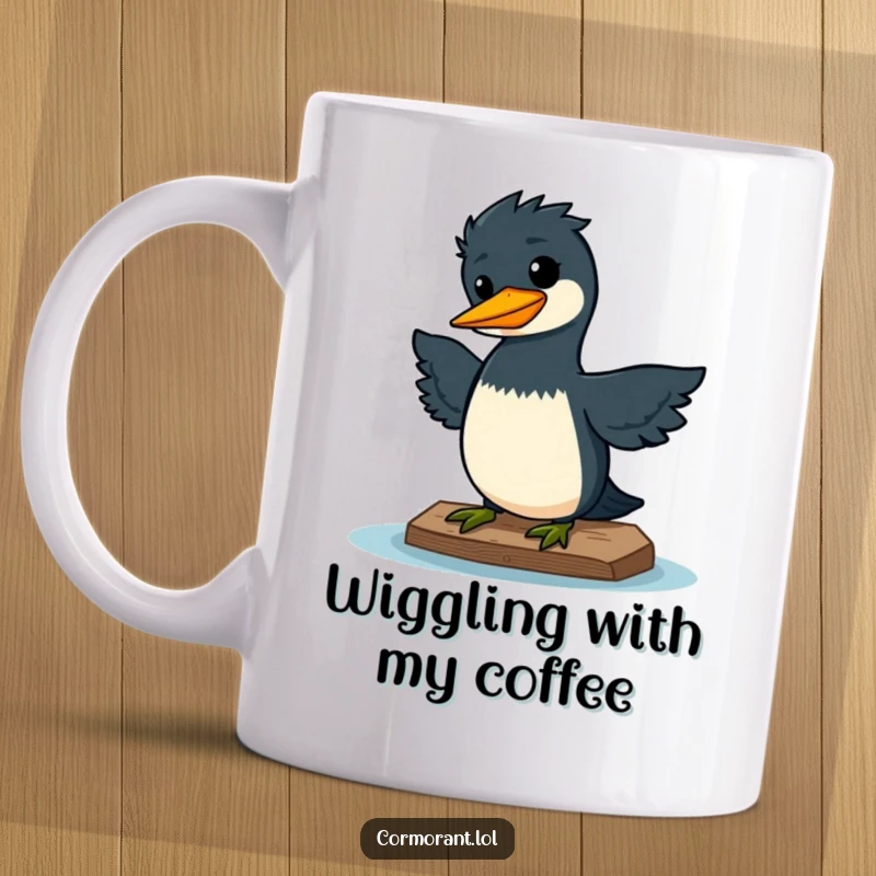 Funny mug showing a kawaii cormorant doing a silly wiggle on a dock, looking quite pleased and happy.