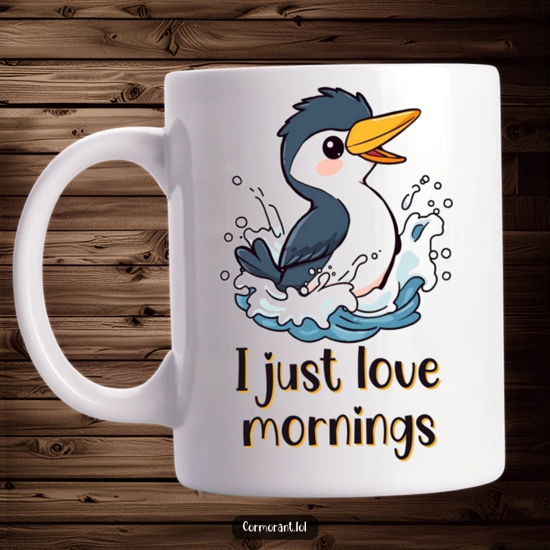Funny Cormorant Mug: A joyful bird gleefully splashing in artistically rendered ocean waves, full of playful energy and seaside fun.