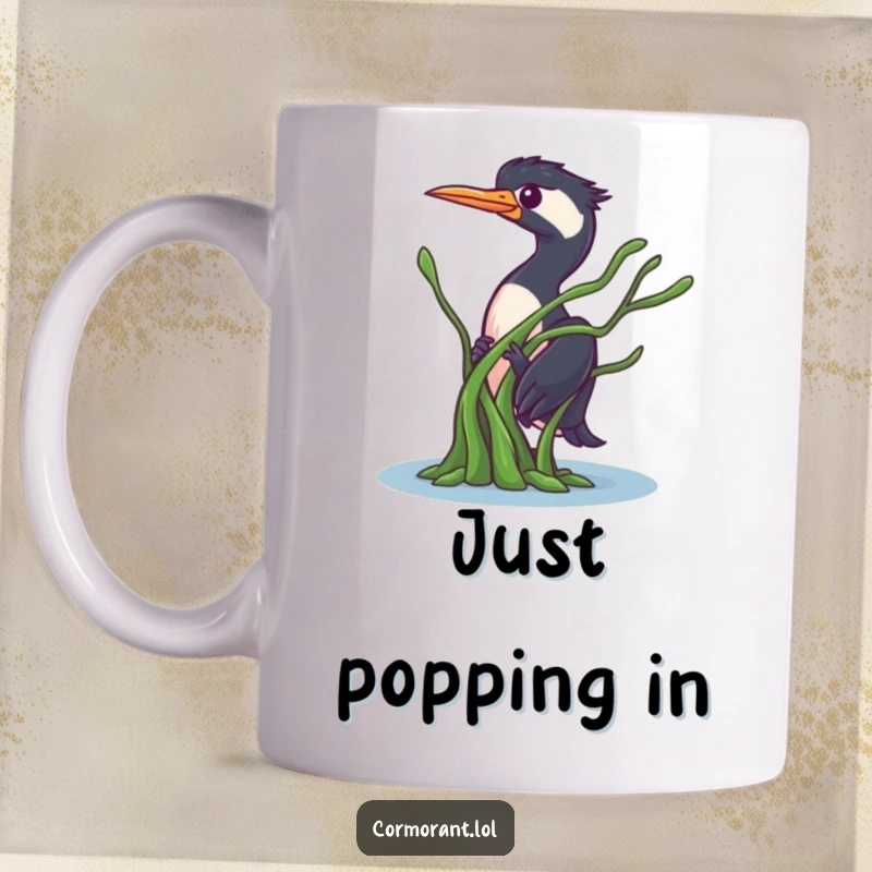 Funny Cormorant Peek Mug: A curious bird peeking shyly from behind a floating piece of green seaweed, adding a touch of playful mystery.