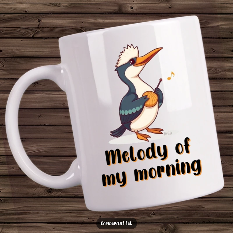 Funny Cormorant Mug depicting a cormorant playing a cheerful tune on a seashell, perfect for musical humor and bird enthusiasts.