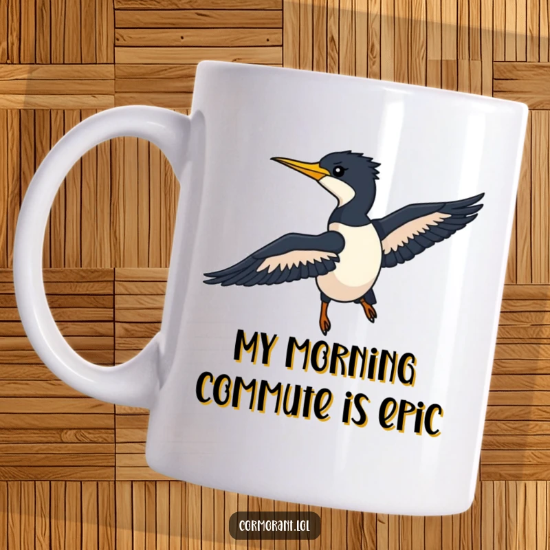 Funny Cormorant Mug featuring a sleek silhouette gliding smoothly through the air, perfect for bird watching enthusiasts.