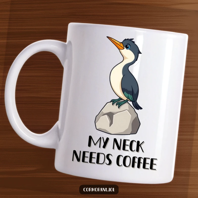 Funny Cormorant Rock Mug: A curious little cormorant stretches its long neck upwards from a rocky perch, showcasing its inquisitive nature.