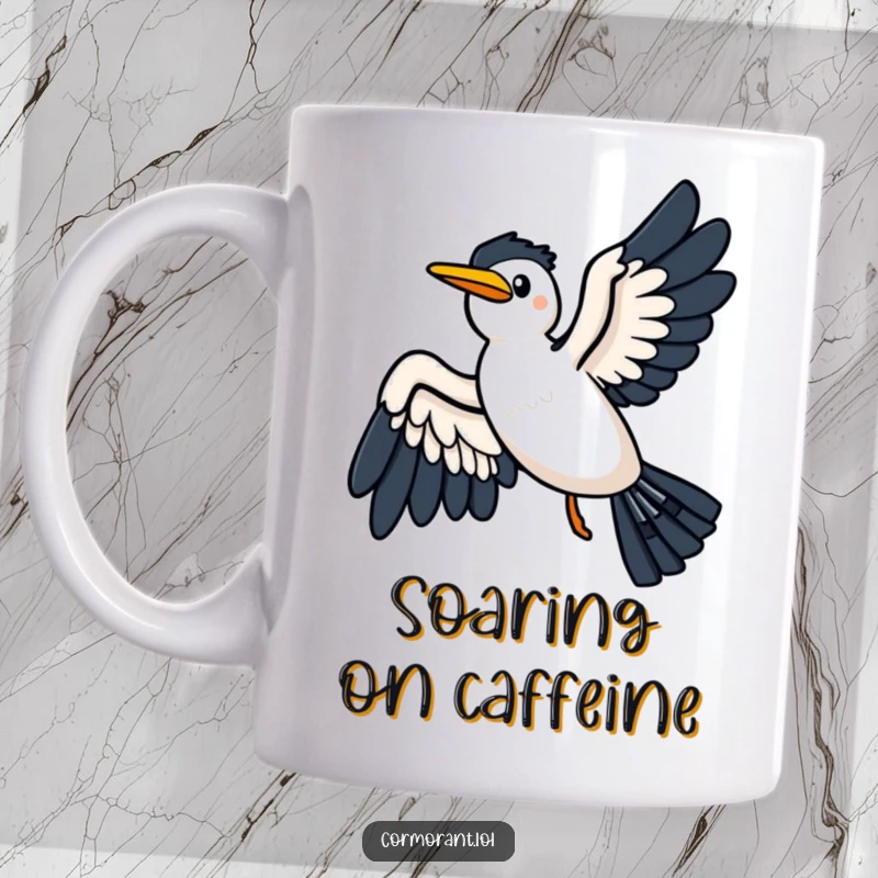 Funny mug showing a kawaii cormorant with wings spread wide, gliding joyfully on a gentle breeze, capturing pure freedom.