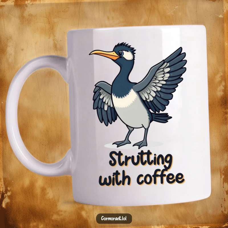 Funny cormorant mug, doing a little strut, wings spread slightly, capturing playful confidence, perfect for a humorous funny gift.