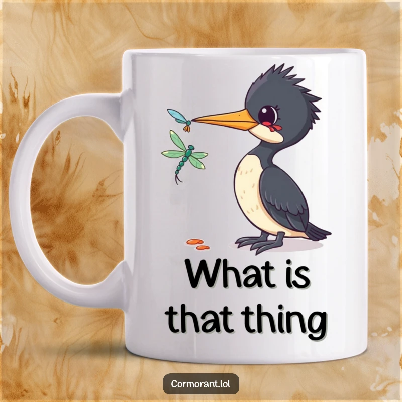 Funny Cormorant Mug: A curious cormorant tilts its head, watching a dragonfly with comical intrigue and fascination.