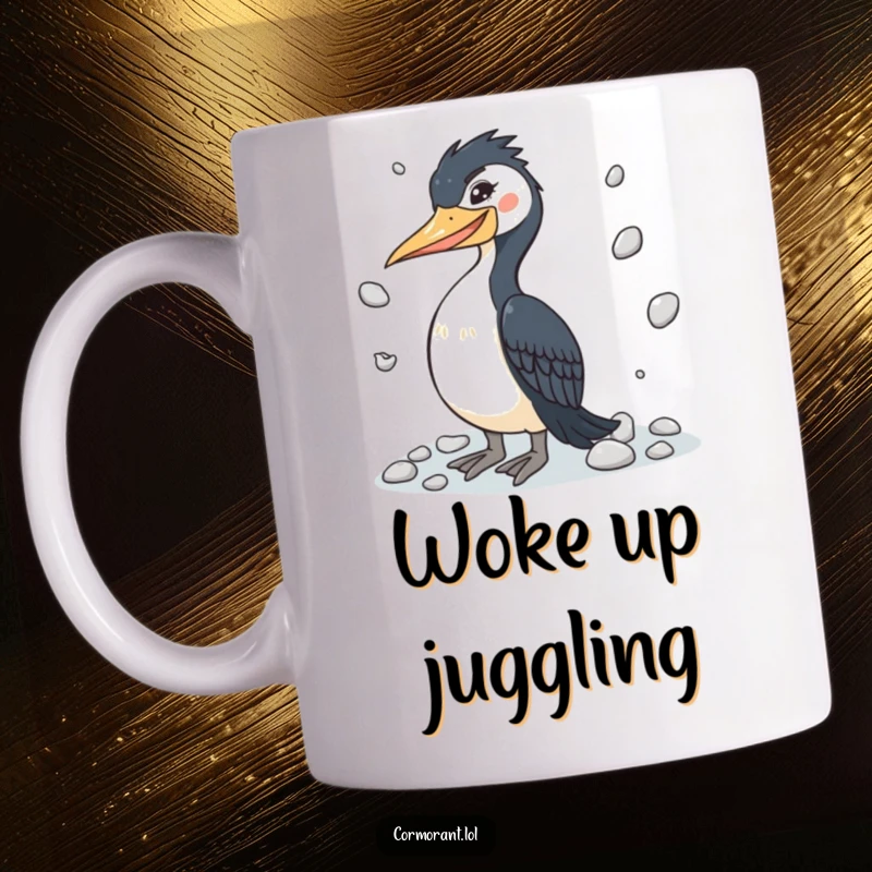 Funny cormorant mug depicting a winking bird skillfully juggling shiny pebbles, representing multitasking and humor.