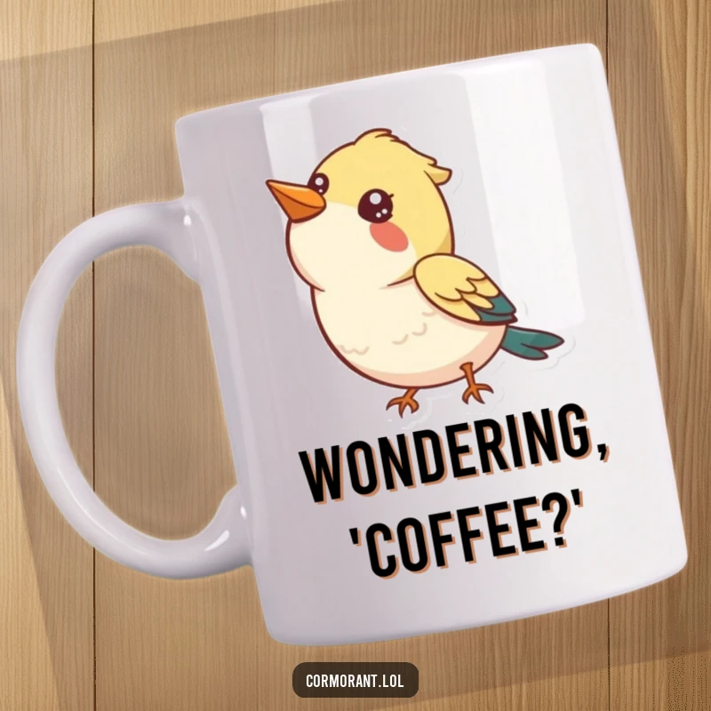 Funny Mug: A bird looking up at the sky with a curious and happy expression, full of wonder.