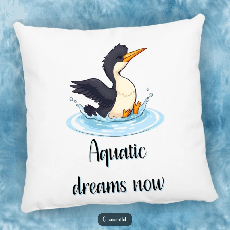 Funny Cormorant Pillow: A cormorant gleefully splashes in a small pool, offering cozy comfort and humorous aquatic charm.
