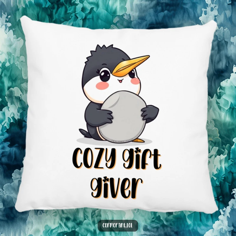 Funny Cormorant Pillow: A soft pillow featuring a funny cormorant with a gentle smile, offering a smooth grey pebble.