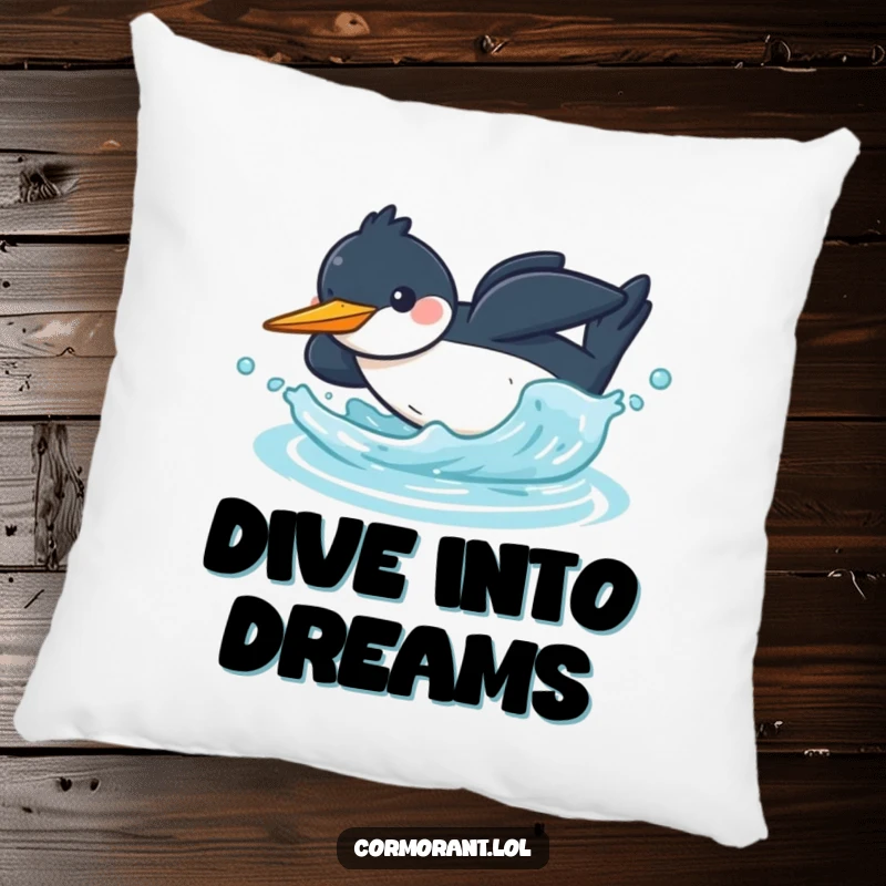 Funny kawaii cormorant pillow featuring a cheerful bird diving headfirst into water with a splash, perfect for soft comfort.