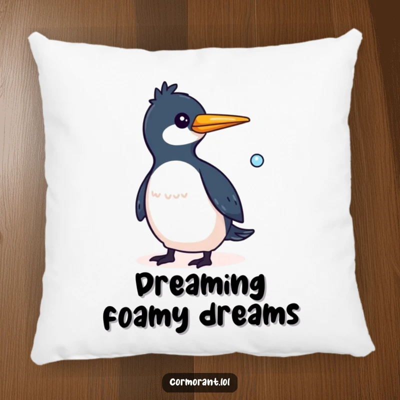 Funny Cormorant Pillow featuring a whimsical bird with a small bubble trailing behind it, perfect for snuggly, fun decor.