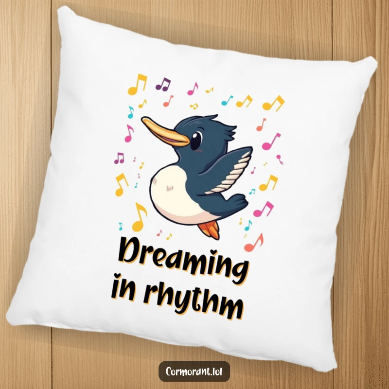 Funny cormorant pillow featuring a cormorant with a playful grin swimming through a cascade of colorful, floating musical notes, adding soft musical humor.