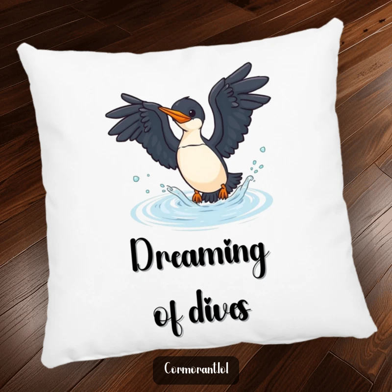 Funny cormorant pillow with a bird diving into water, offering comfort and a touch of aquatic humor.