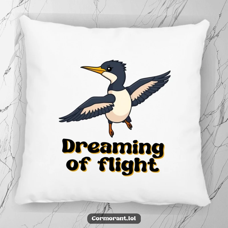 Funny Cormorant Pillow showcasing a sleek silhouette gliding through the air, adding comfort and humor to any room.