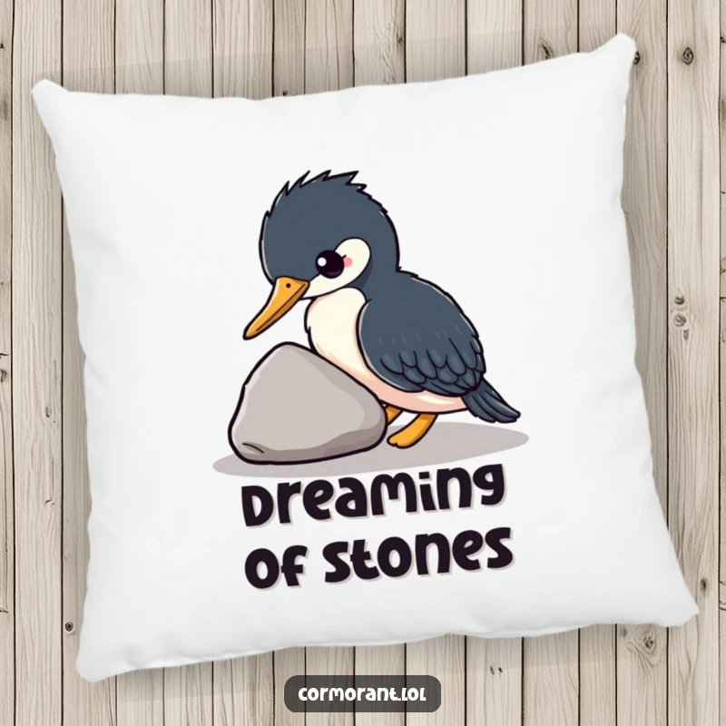 Funny kawaii cormorant resting on a smooth stone, soft decorative pillow, cute bird accent, ideal funny gift.