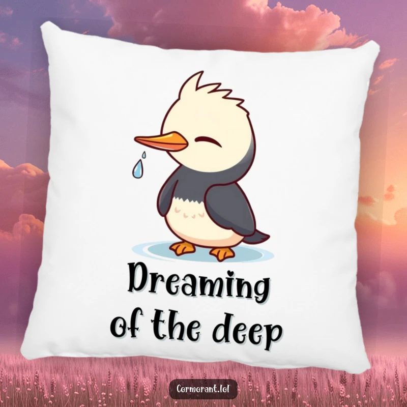 Funny Cormorant Pillow: Cute kawaii bird winking cheekily, a shimmering water droplet, soft funny gift.