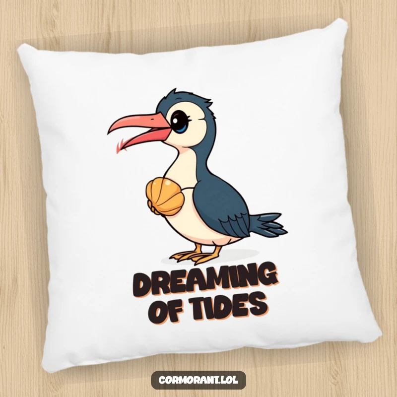 Funny Cormorant Pillow: A curious cormorant bird contemplates a seashell, offering comfort and a dose of lighthearted humor.