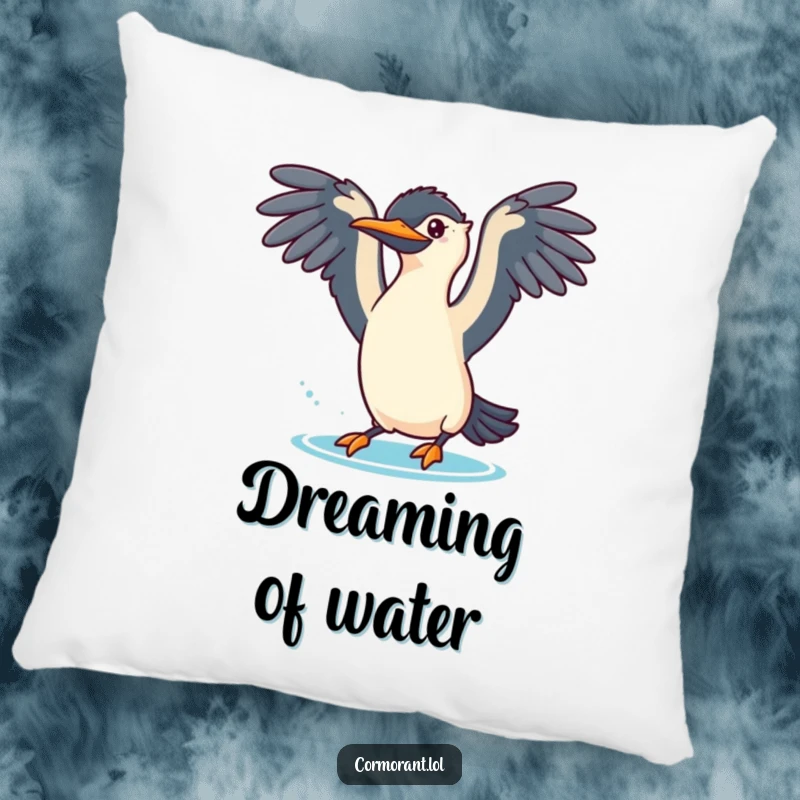 Funny cormorant pillow featuring a bird with wings spread, about to dive playfully, perfect for adding comfort and humor.
