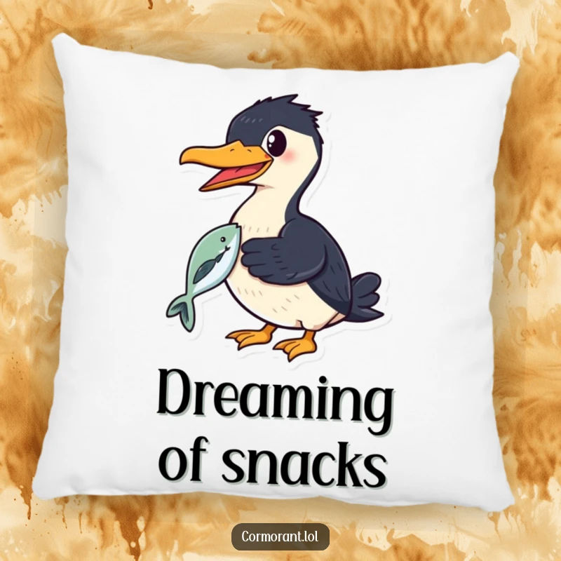 Funny cormorant pillow featuring a smiling bird proudly holding a shiny fish in its beak, providing cozy pride.