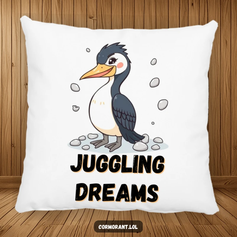 Funny cormorant pillow with a winking bird juggling pebbles, offering comfort and humorous decorative appeal.