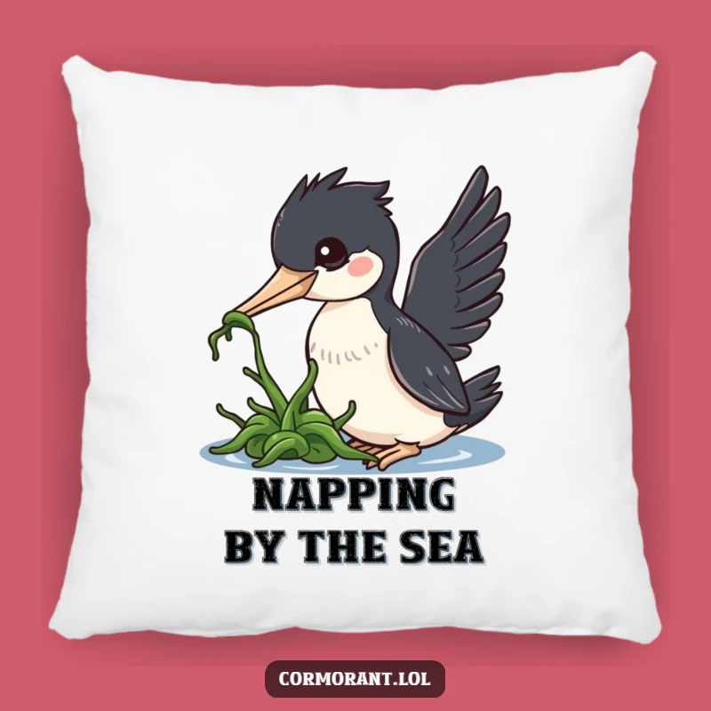 Funny Cormorant Pillow: Cute Kawaii Bird Nudging Seaweed, Cozy & Humorous Accent