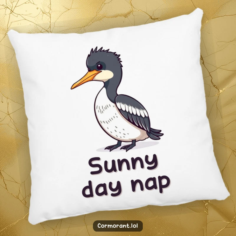 Funny Cormorant relaxing in the sun on a soft pillow, offering comfort and humorous bird-themed decor.