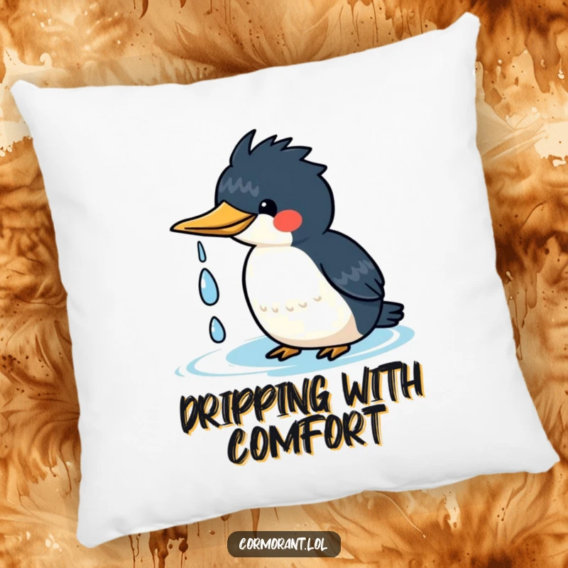 Funny kawaii cormorant pillow featuring a cute bird happily shaking water droplets off its head, providing cozy comfort.