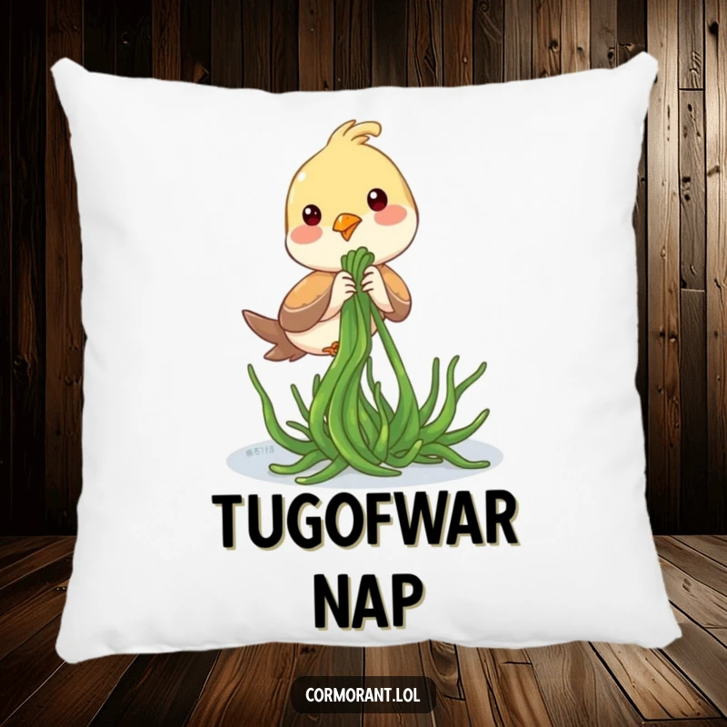 Funny Pillow: A soft pillow featuring a bird playfully tugging on seaweed, bringing coastal charm.