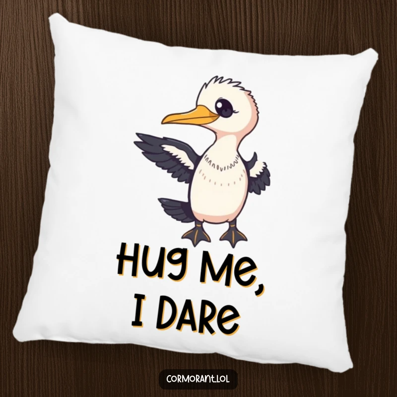 Funny Cormorant Pillow featuring a friendly bird extending a wing towards the viewer, perfect for a welcoming touch.
