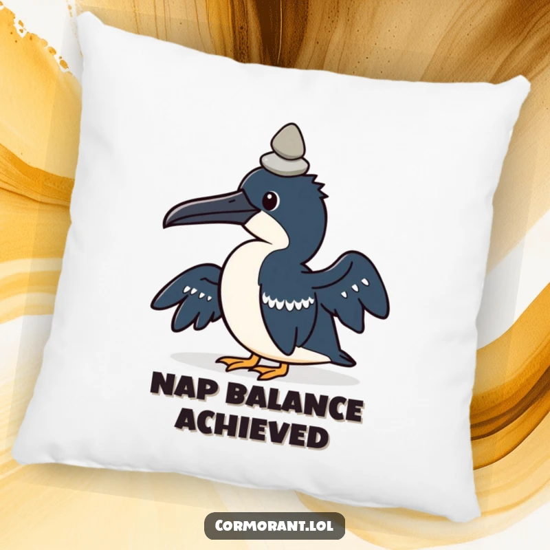 Funny pillow with a kawaii cormorant bird concentrating on balancing a small pebble on its head.
