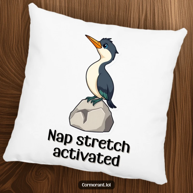 Funny Cormorant Pillow: A soft cushion featuring a comical cormorant bird stretching its curious neck on a rock, adding humor.