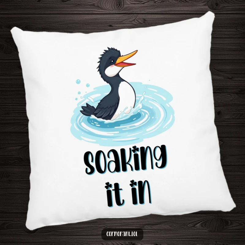 Funny cormorant pillow, playful bird splashing gleefully in a bubbly, azure pond, soft and decorative throw pillow.