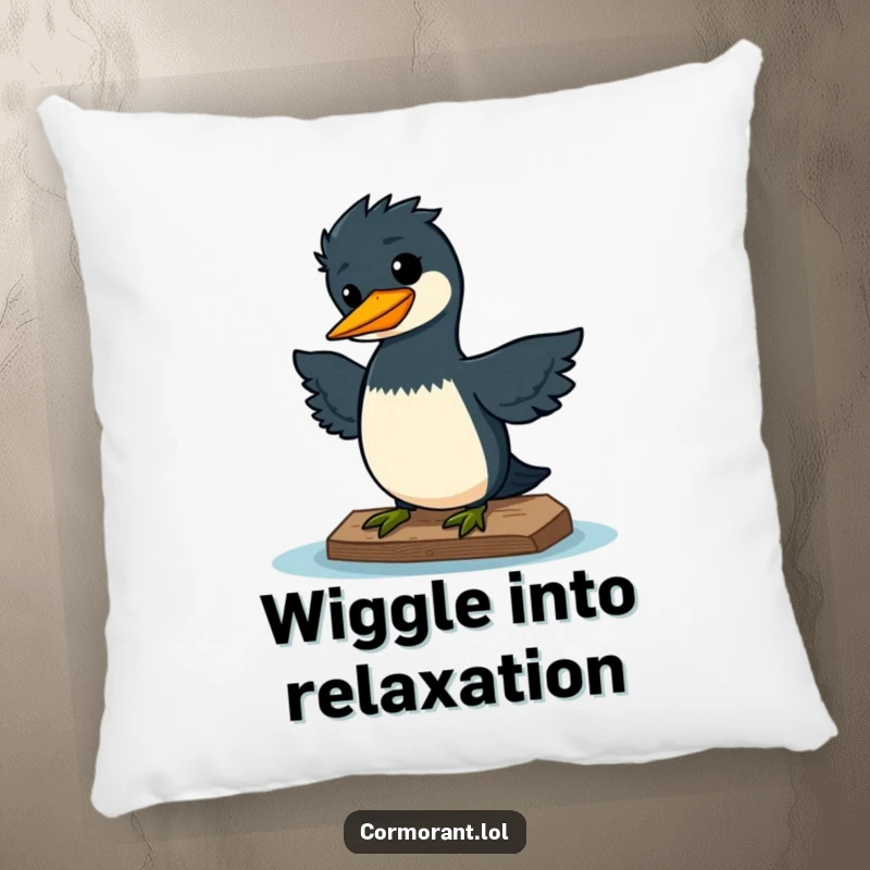 Funny pillow depicting a kawaii cormorant doing a silly wiggle on a dock, looking pleased, for soft, happy comfort.