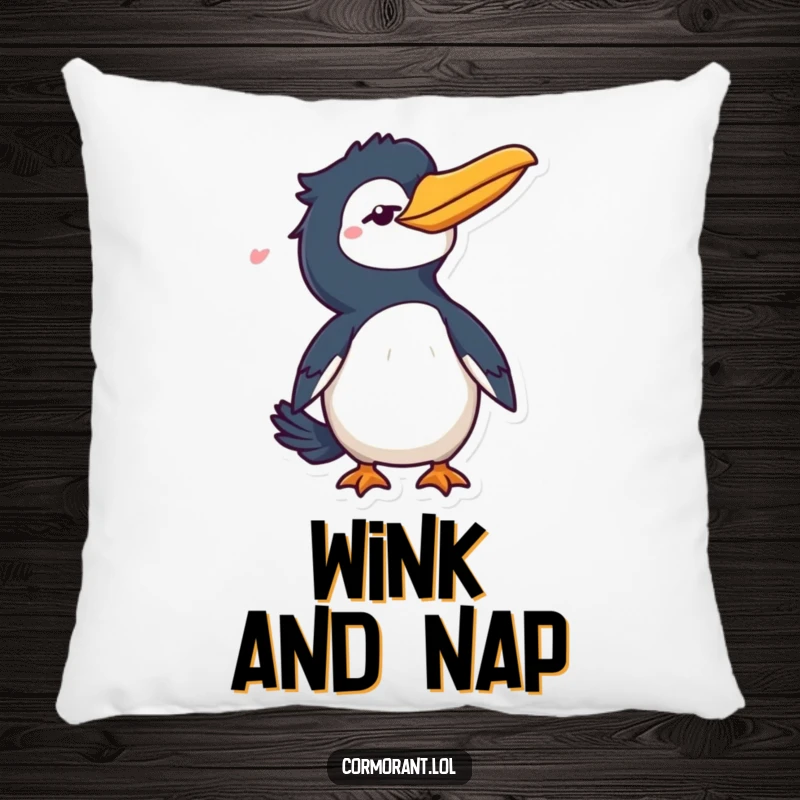 Funny Cormorant Pillow: A charming bird character giving a playful wink and a flick of its tail, perfect for adding cozy character.