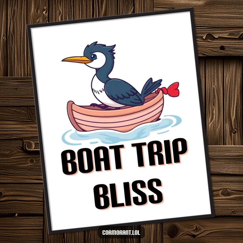 Funny Cormorant Digital Art Print of a cormorant riding a whimsical boat, bringing instant nautical whimsy and humor to decor.