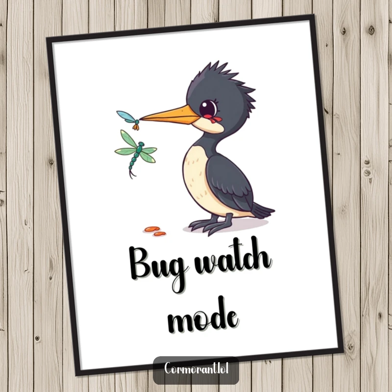 Funny Cormorant Digital Art Print: A humorous illustration of a cormorant tilting its head curiously at a dragonfly, ready for instant download.