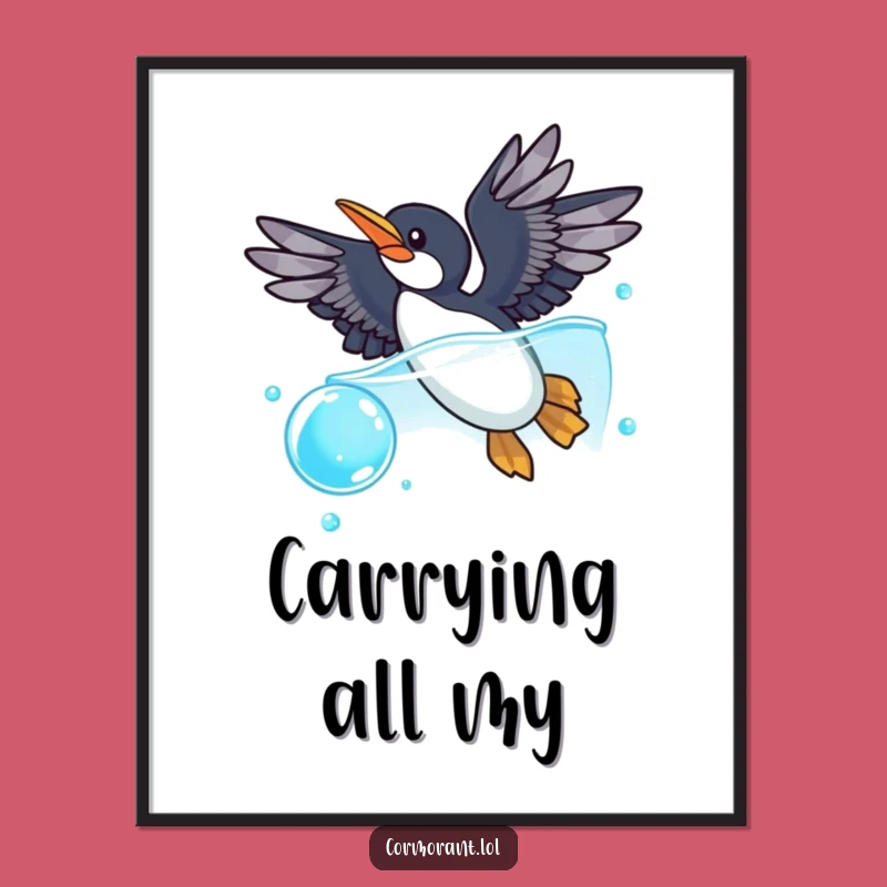 Funny Cormorant Bubble Dive Digital Art Print: Instant Aquatic Whimsy for Your Walls