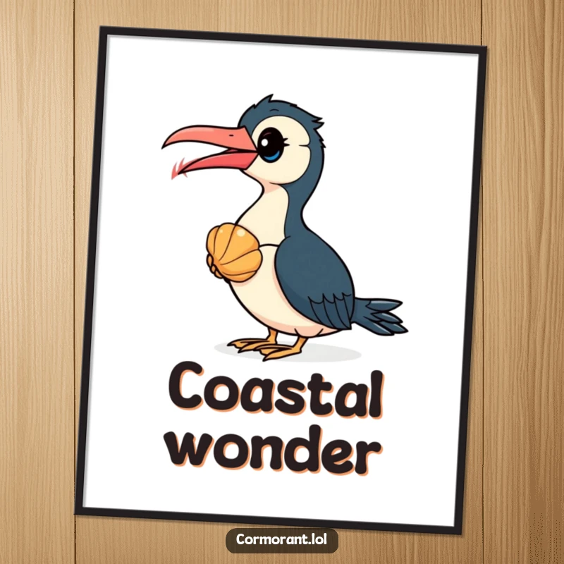 Funny Cormorant Digital Art: A curious cormorant bird explores a colorful seashell, a humorous and vibrant instant download.