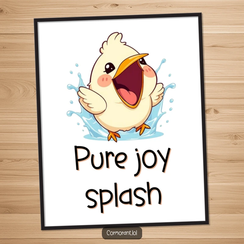 Funny digital art print of a cute bird with its beak wide open, captured mid-splash, full of cheerful water energy.